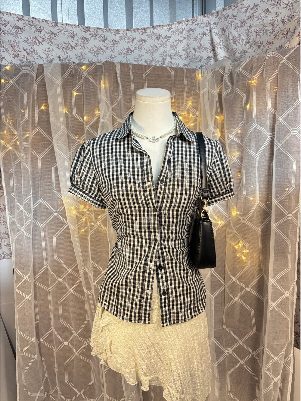 At Last Black White Plaid Fitted Button Up Puff Sleeve Shirt M Y2K Office Siren - Picture 8 of 8